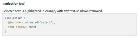 syntax highlighted code block and description of selector