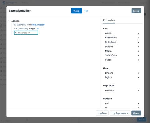 modal showing visual builder tool with list of expressions