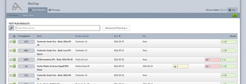 Tabular data showing recent software test results